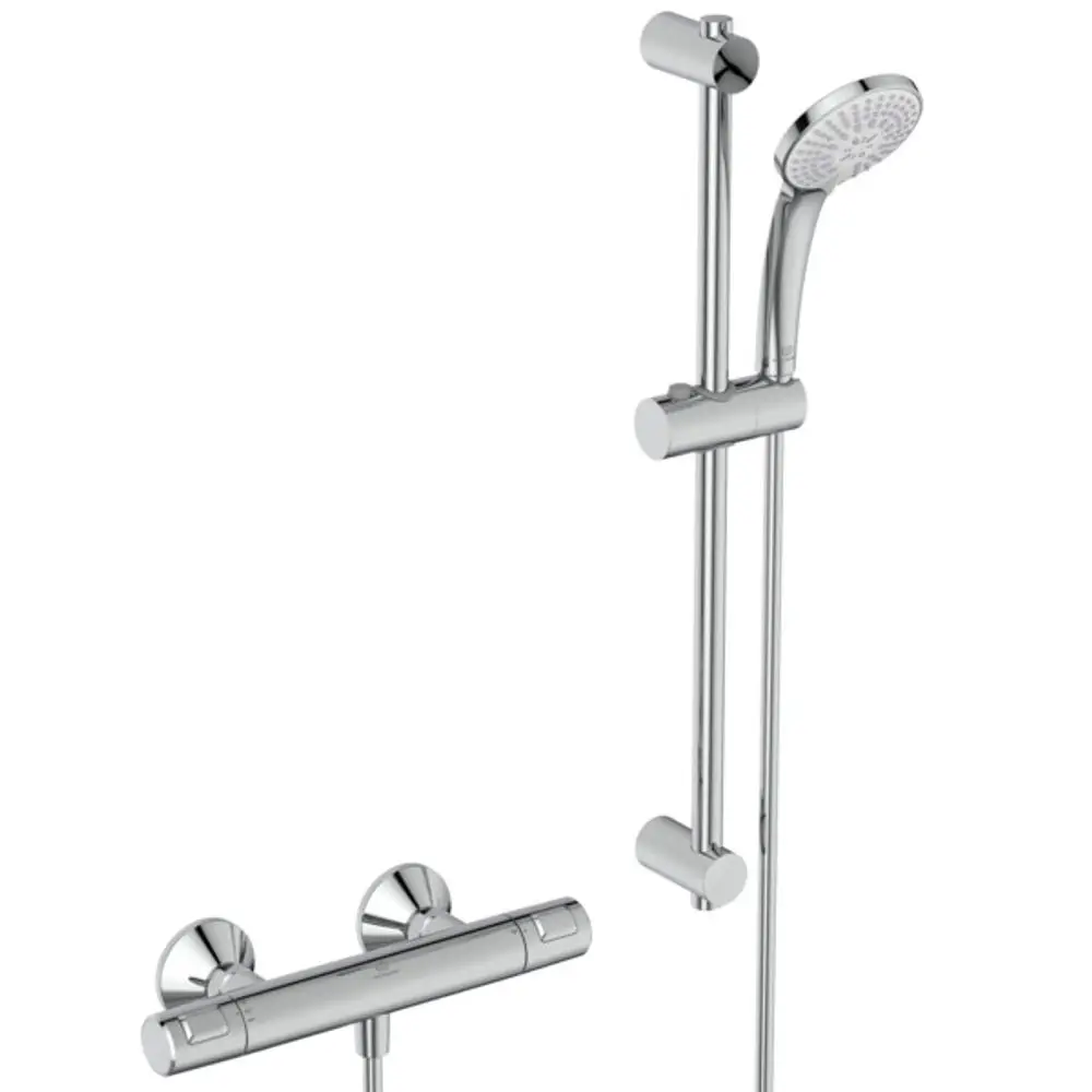 Brausethermostat und Brausestange in Chrom von Ideal Standard, bestehend aus einem Thermostat mit zwei Griffen und einer flexiblen Handbrause an einer höhenverstellbaren Stange.